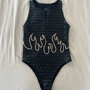 Black Zip-Up Bodysuit with Flame Design